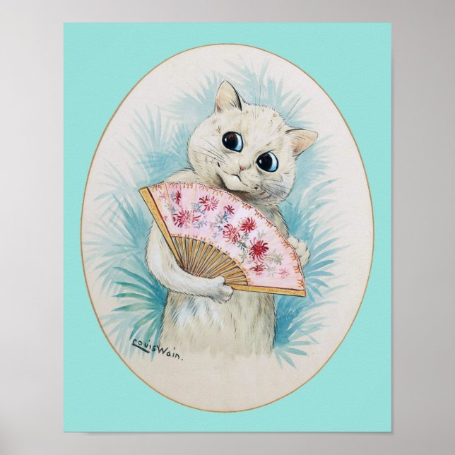 White Cat with Fan, Louis Wain Poster (Front)