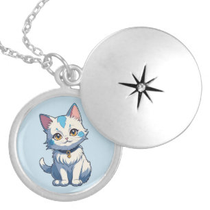 White Cat with Feline Charm Locket Necklace