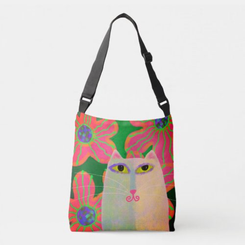 White Cat with Flowers Abstract Art Crossbody Bag