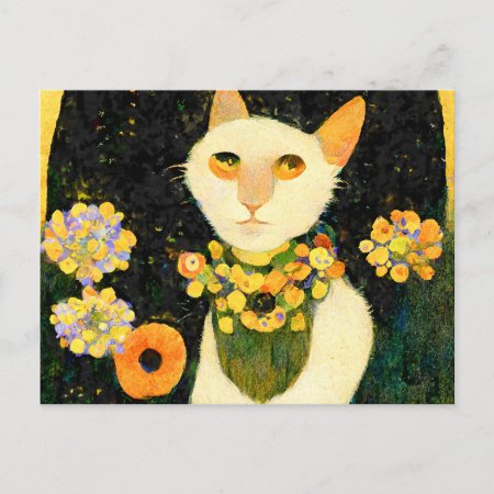 White Cat With Flowers. Art Nouveau Painted. Postcard