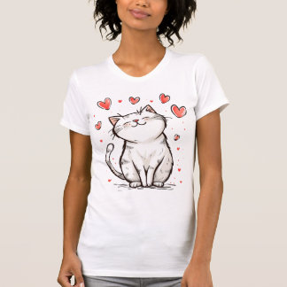 White Cat with Heart T-Shirt | Cute Minimalist Fel