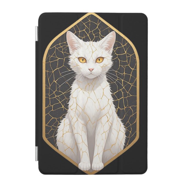 White Cat With Kintsugi Pattern 🐾 iPad Mini Cover (Front)