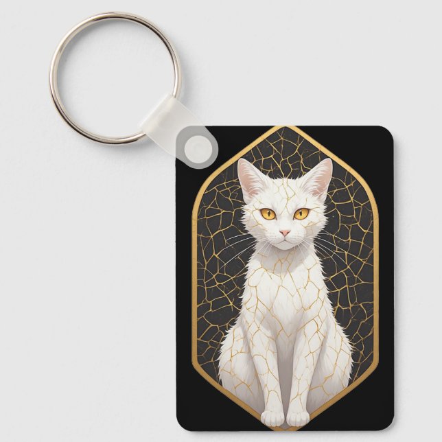 White Cat With Kintsugi Pattern 🐾 Keychain (Front)