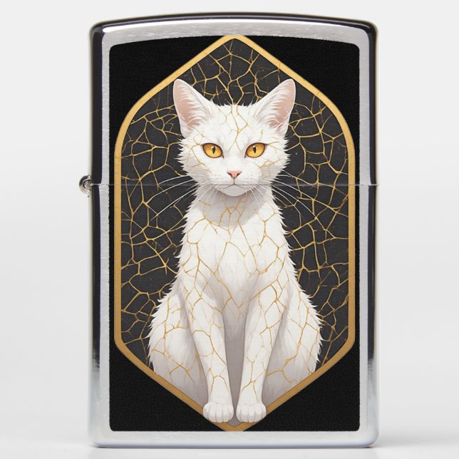 White Cat With Kintsugi Pattern 🐾 Zippo Lighter (Front)