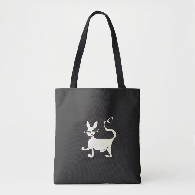 White Cat with Makeup on Black Tote Bag (Front)