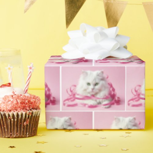White Cat with Pink Bow Wrapping Paper