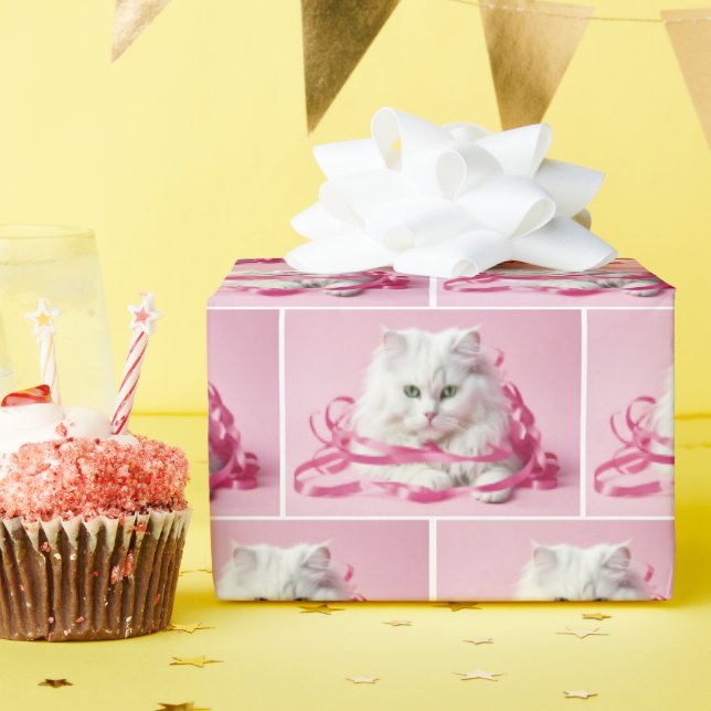 White Cat with Pink Bow Wrapping Paper (Birthday Party)