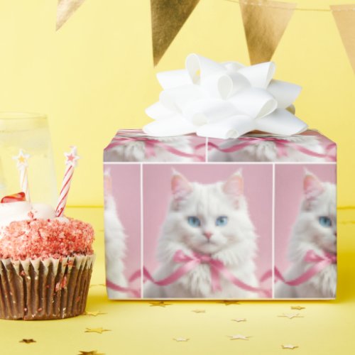 White Cat with Pink Bow Wrapping Paper