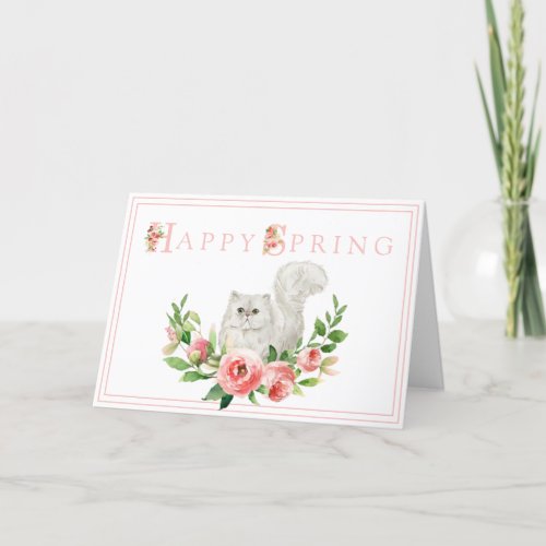 White Cat with Pink Flowers Easter Card