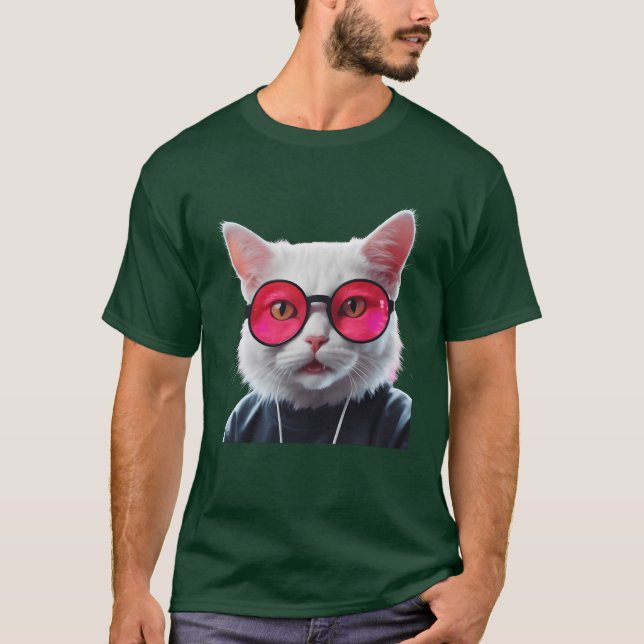 White Cat with Pink Glasses Cool T-Shirt (Front)