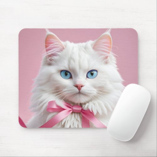 White Cat with Pink Ribbon Mouse Pad