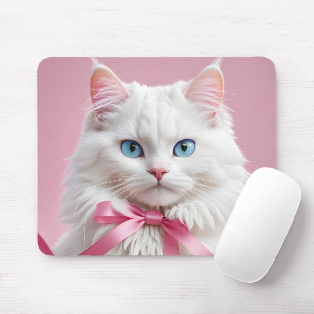 White Cat with Pink Ribbon Mouse Pad (With Mouse)