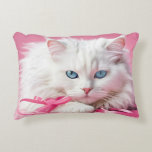 White Cat With Pink Ribbons Accent Pillow