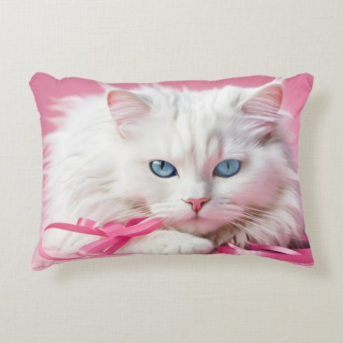 White Cat With Pink Ribbons Accent Pillow