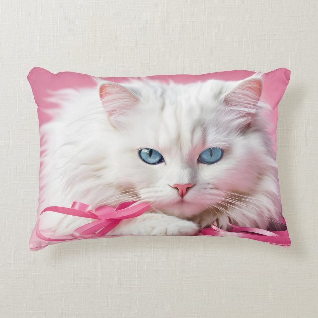 White Cat With Pink Ribbons Accent Pillow (Front)