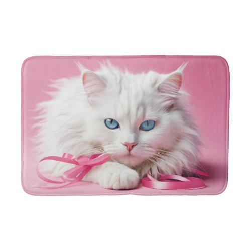 White Cat With Pink Ribbons Bath Mat