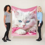 White Cat with Pink Ribbons Fleece Blanket