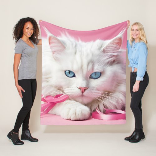 White Cat with Pink Ribbons Fleece Blanket