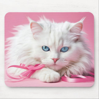 White Cat With Pink Ribbons Mouse Pad