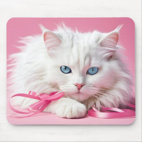 White Cat With Pink Ribbons Mouse Pad