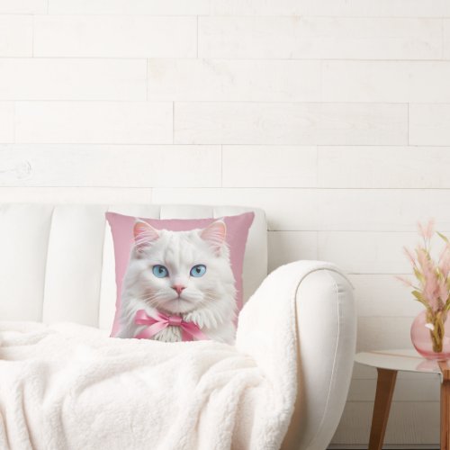 White Cat with Pink Ribbons Throw Pillow