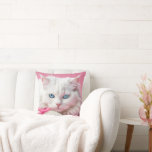 White Cat With Pink Ribbons Throw Pillow
