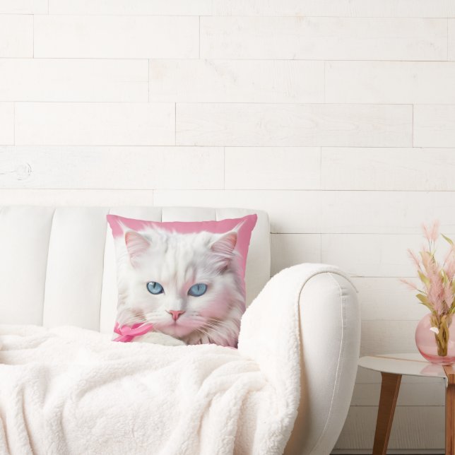 White Cat With Pink Ribbons Throw Pillow (Couch)
