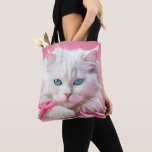 White Cat With Pink Ribbons Tote Bag