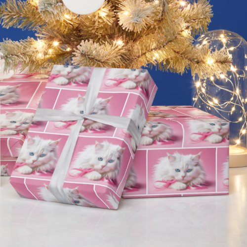 White Cat With Pink Ribbons Wrapping Paper