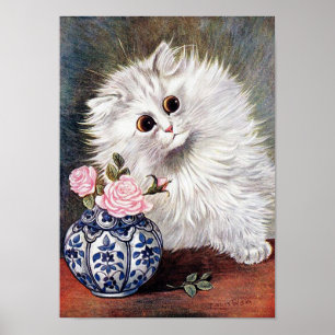 White Cat with Pink Roses, Louis Wain Poster