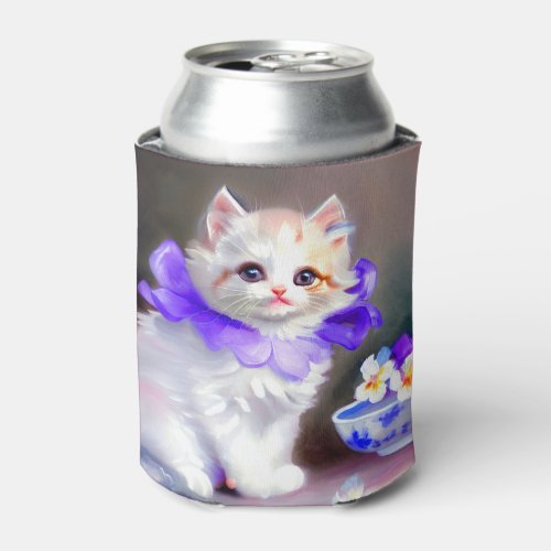 White Cat with Purple Flower Collar Painting Can Cooler