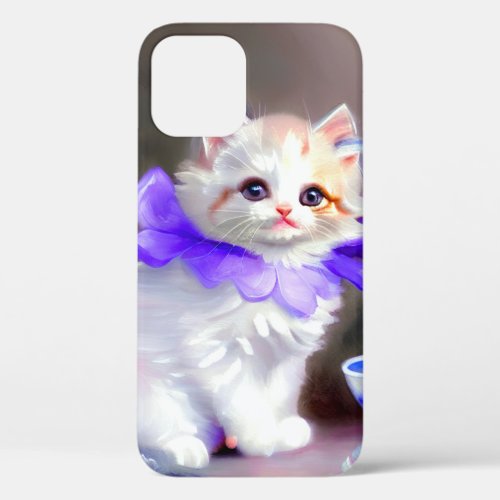 White Cat with Purple Flower Collar Painting iPhone 12 Case