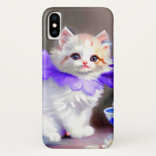 White Cat with Purple Flower Collar Painting iPhone X Case