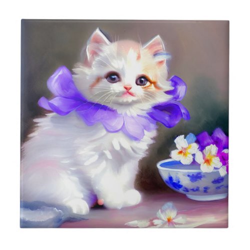 White Cat with Purple Flower Collar Painting Ceramic Tile