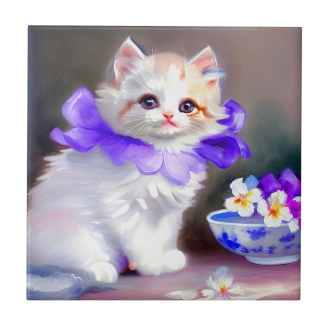 White Cat with Purple Flower Collar Painting Ceramic Tile (Front)