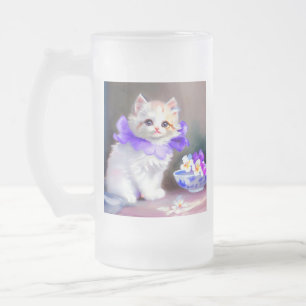 White Cat with Purple Flower Collar Painting Frosted Glass Beer Mug