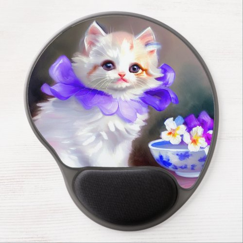 White Cat with Purple Flower Collar Painting Gel Mouse Pad