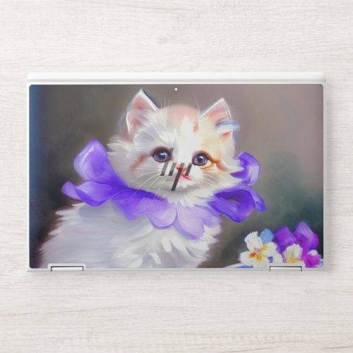 White Cat with Purple Flower Collar Painting HP Laptop Skin