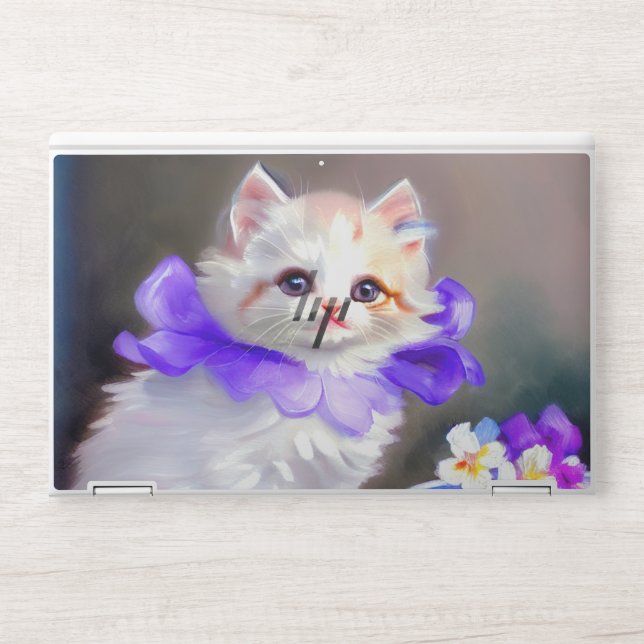 White Cat with Purple Flower Collar Painting HP Laptop Skin (Front)