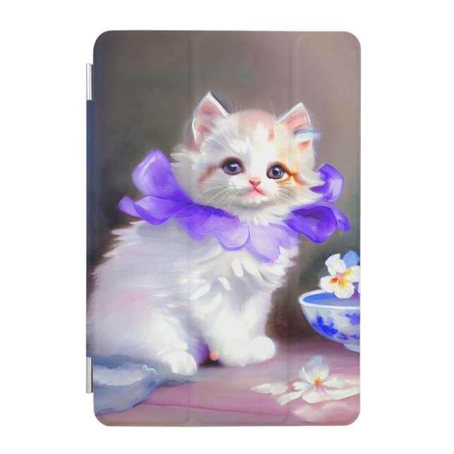 White Cat with Purple Flower Collar Painting iPad Mini Cover (Front)