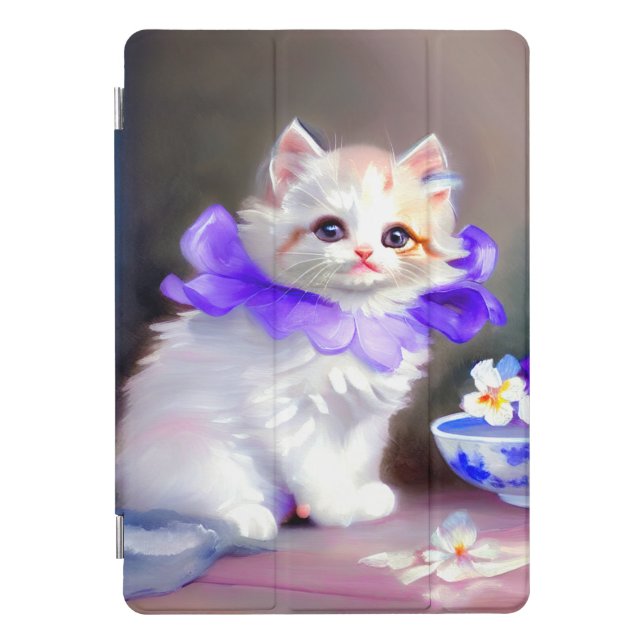 White Cat with Purple Flower Collar Painting iPad Pro Cover (Front)