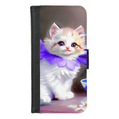 White Cat with Purple Flower Collar Painting iPhone 87 Wallet Case