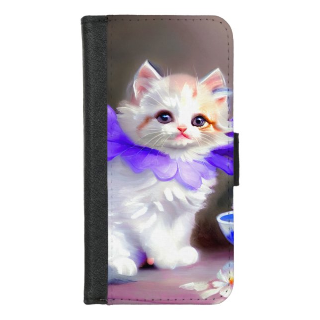 White Cat with Purple Flower Collar Painting iPhone Wallet Case (Front)