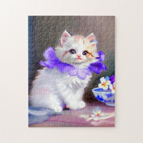 White Cat with Purple Flower Collar Painting Jigsaw Puzzle