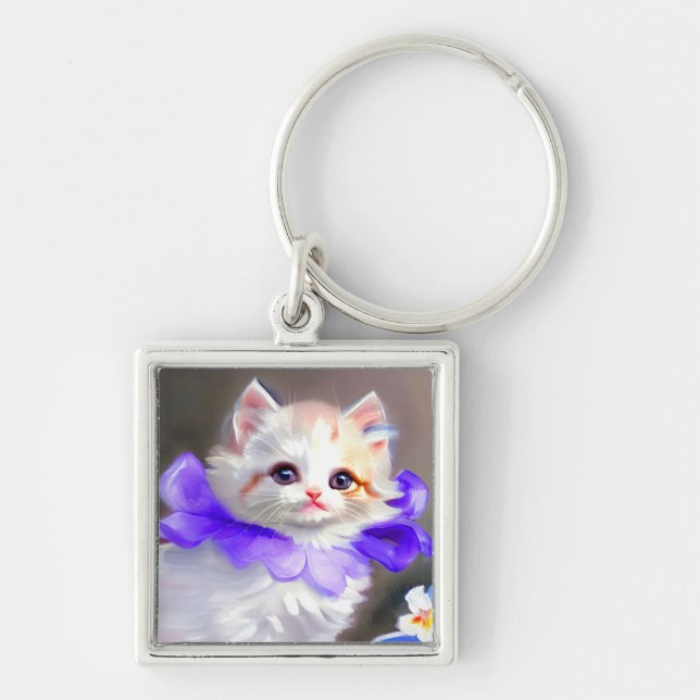 White Cat with Purple Flower Collar Painting Keychain (Front)