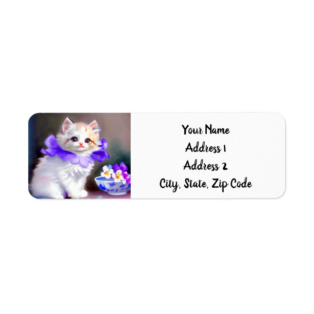 White Cat with Purple Flower Collar Painting Label (Front)