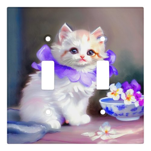 White Cat with Purple Flower Collar Painting Light Switch Cover