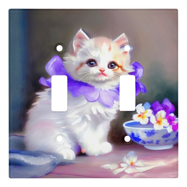 White Cat with Purple Flower Collar Painting Light Switch Cover (Front)
