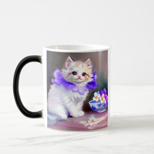 White Cat with Purple Flower Collar Painting Magic Mug