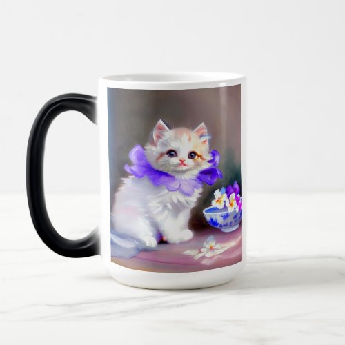 White Cat with Purple Flower Collar Painting Magic Mug